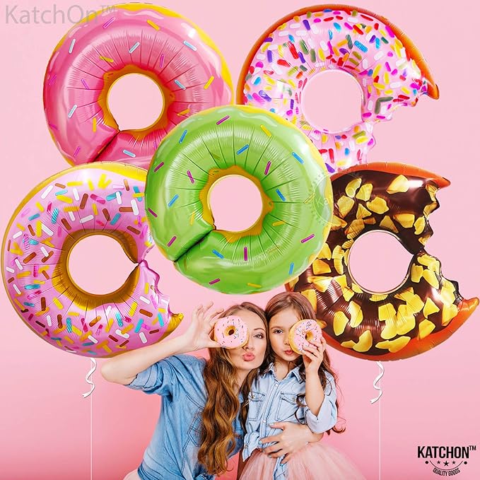 KATCHON Big Donut Mylar Foil Balloon Decorations Kit - 21 Inch, Pack of 5 | Donut Time With Colorful, Pink, Green, Brown Donut Balloon | Donut Themed Multicolor Party Supplies for Birthday and Baby Shower - Image 1
